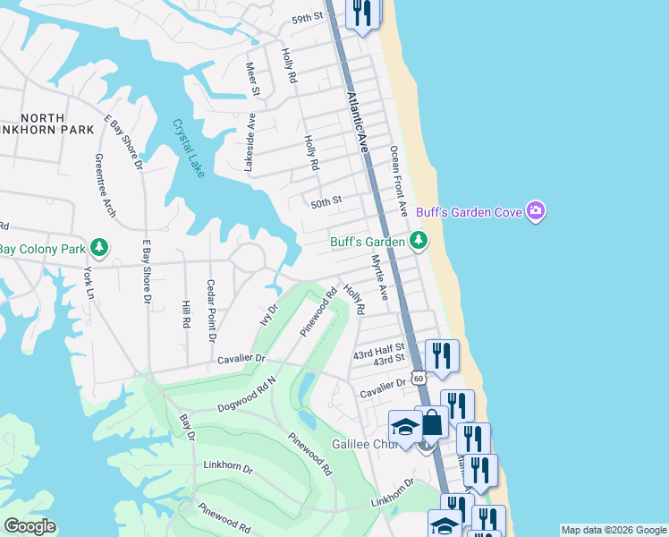 map of restaurants, bars, coffee shops, grocery stores, and more near 304 Bay Colony Drive in Virginia Beach