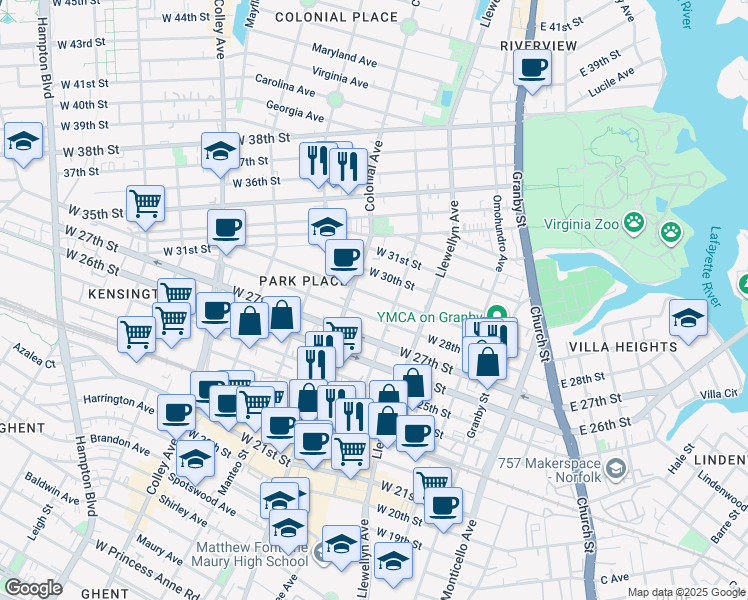 map of restaurants, bars, coffee shops, grocery stores, and more near 419 West 29th Street in Norfolk