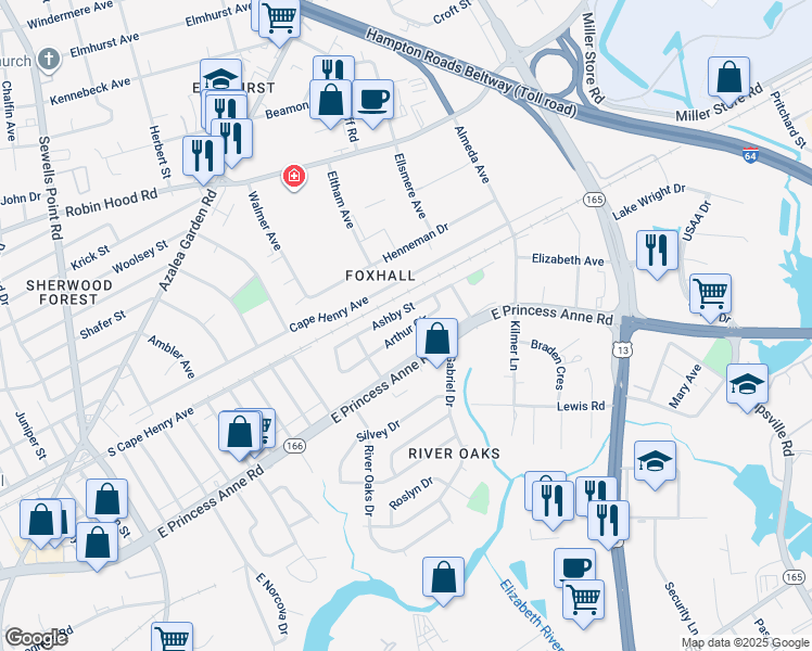map of restaurants, bars, coffee shops, grocery stores, and more near 5332 Arthur Circle in Norfolk