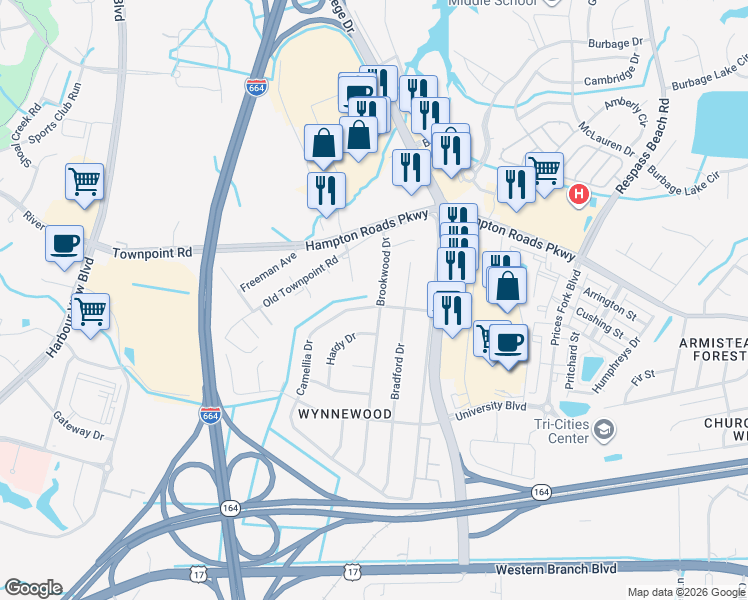 map of restaurants, bars, coffee shops, grocery stores, and more near 6089 Camellia Drive in Suffolk