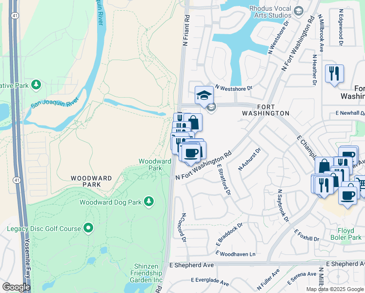 map of restaurants, bars, coffee shops, grocery stores, and more near 9447 North Fort Washington Road in Fresno