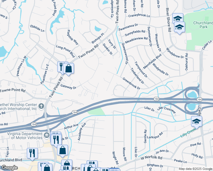 map of restaurants, bars, coffee shops, grocery stores, and more near 3924 Hardwood Lane in Portsmouth