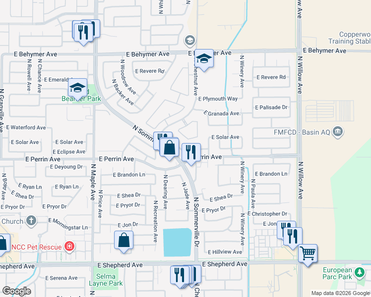 map of restaurants, bars, coffee shops, grocery stores, and more near 9504 North Larkspur Avenue in Fresno