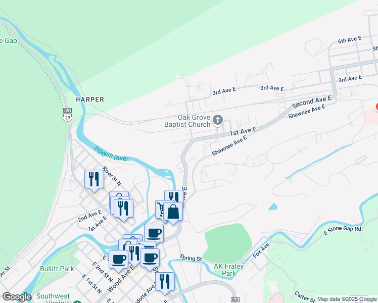 map of restaurants, bars, coffee shops, grocery stores, and more near 804 Wood Avenue East in Big Stone Gap