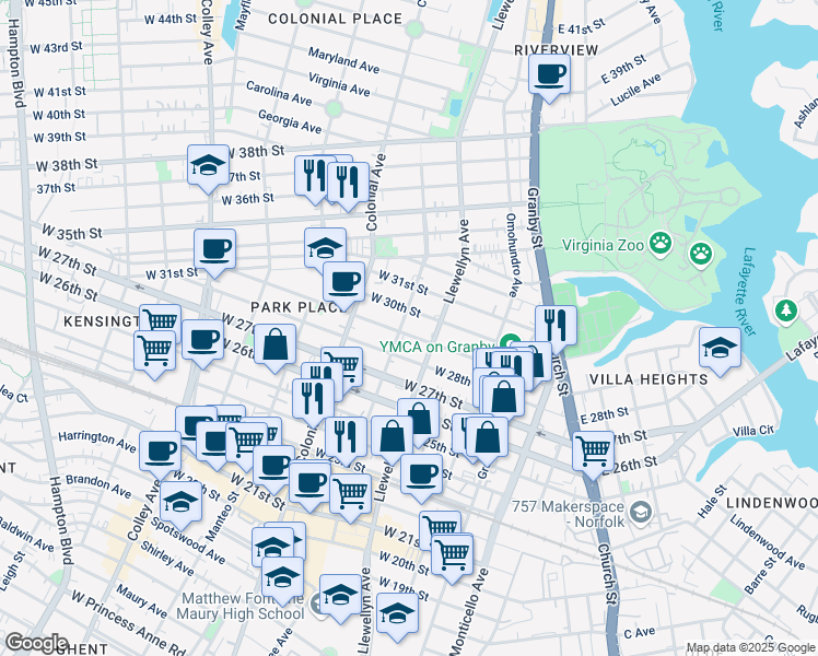 map of restaurants, bars, coffee shops, grocery stores, and more near 322 West 29th Street in Norfolk