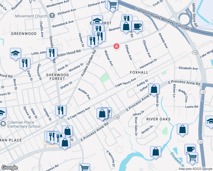 map of restaurants, bars, coffee shops, grocery stores, and more near 2416 Bruce Street in Norfolk