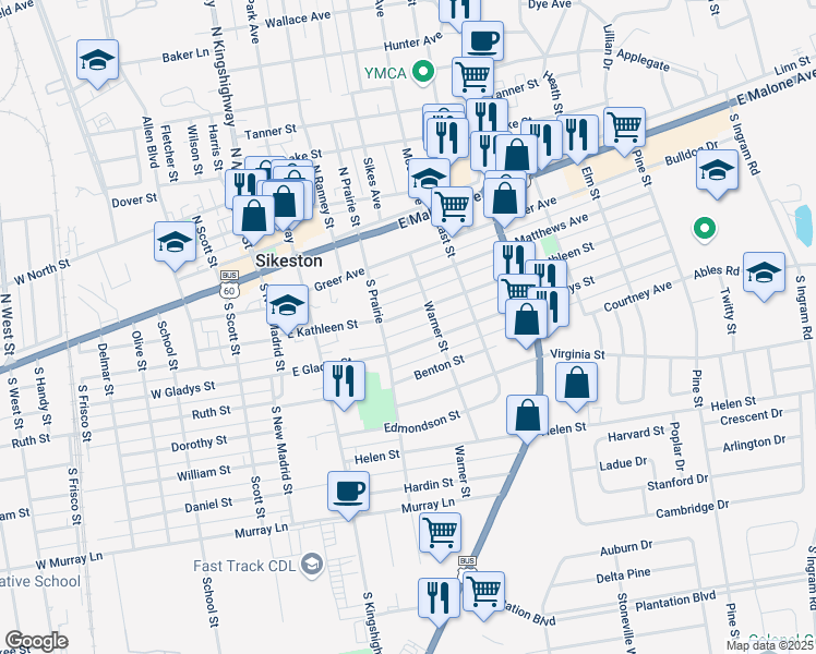map of restaurants, bars, coffee shops, grocery stores, and more near 315 East Kathleen Street in Sikeston
