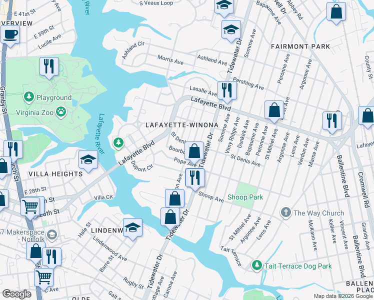 map of restaurants, bars, coffee shops, grocery stores, and more near 1800 Bourbon Avenue in Norfolk
