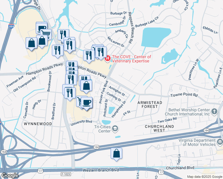 map of restaurants, bars, coffee shops, grocery stores, and more near 7118 Arrington Street in Suffolk