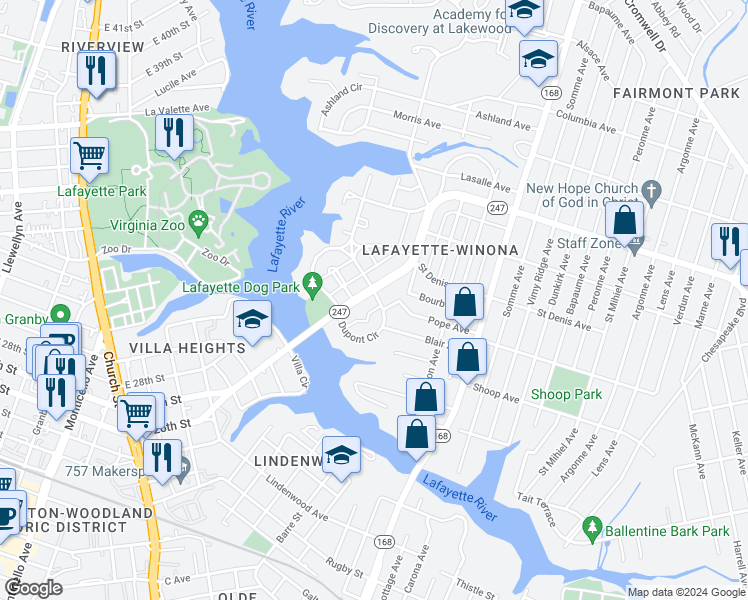 map of restaurants, bars, coffee shops, grocery stores, and more near 1323 Lafayette Boulevard in Norfolk
