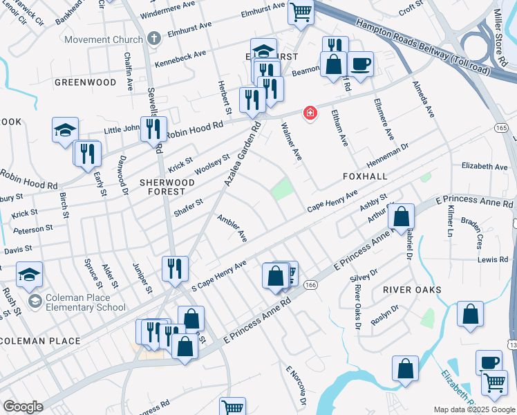 map of restaurants, bars, coffee shops, grocery stores, and more near 2434 Shafer Street in Norfolk