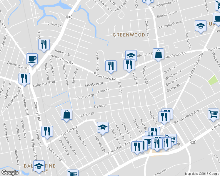 map of restaurants, bars, coffee shops, grocery stores, and more near 3904 Krick Street in Norfolk