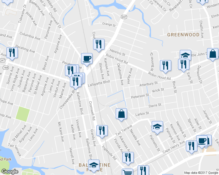 map of restaurants, bars, coffee shops, grocery stores, and more near 3015 Kansas Avenue in Norfolk