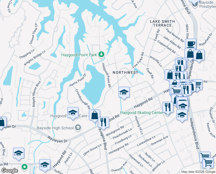 map of restaurants, bars, coffee shops, grocery stores, and more near 4701 Haygood Point Road in Virginia Beach