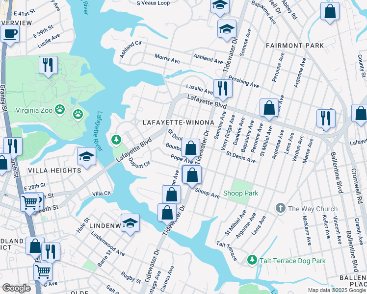 map of restaurants, bars, coffee shops, grocery stores, and more near 1800 Bourbon Avenue in Norfolk