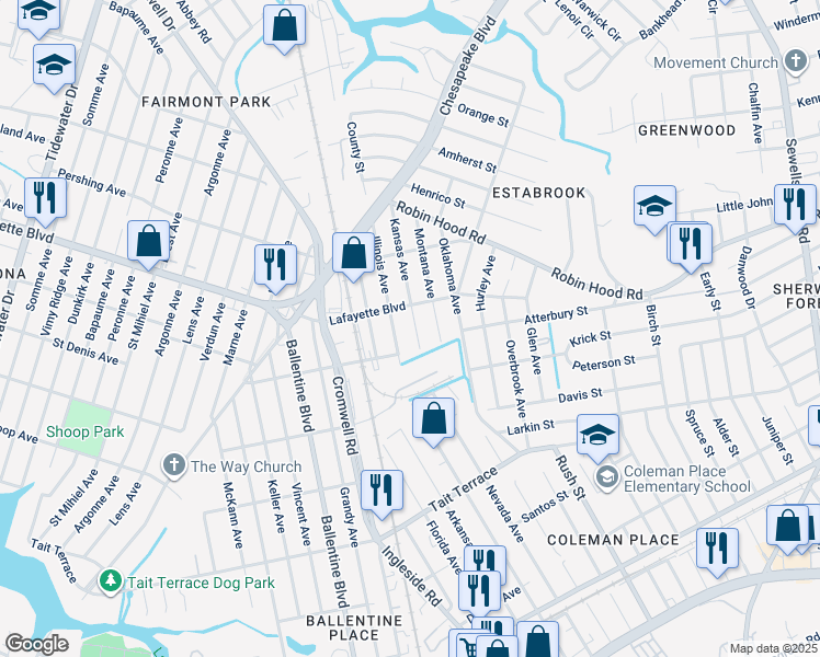 map of restaurants, bars, coffee shops, grocery stores, and more near 3015 Kansas Avenue in Norfolk