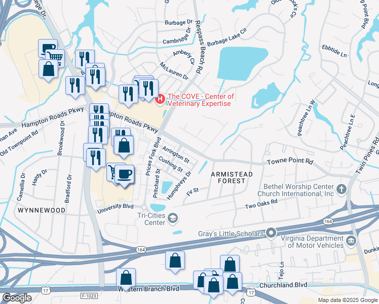 map of restaurants, bars, coffee shops, grocery stores, and more near 6733 Hampton Roads Parkway in Suffolk