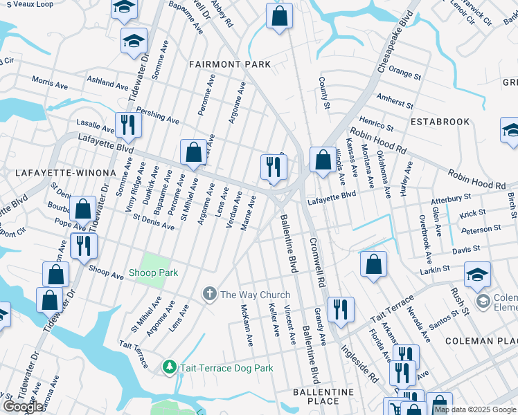map of restaurants, bars, coffee shops, grocery stores, and more near 3121 Lyons Avenue in Norfolk