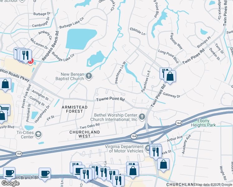 map of restaurants, bars, coffee shops, grocery stores, and more near 3796 Towne Point Road in Portsmouth
