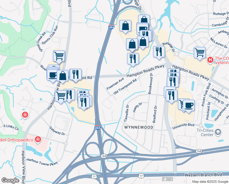 map of restaurants, bars, coffee shops, grocery stores, and more near 6220 Old Townpoint Road in Suffolk