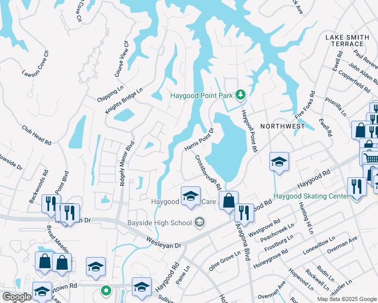 map of restaurants, bars, coffee shops, grocery stores, and more near 729 Harris Point Drive in Virginia Beach