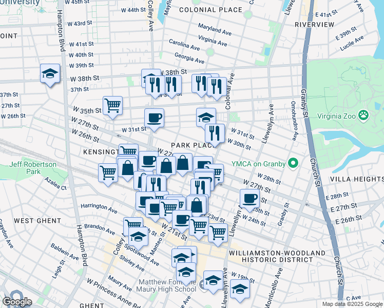 map of restaurants, bars, coffee shops, grocery stores, and more near 603 West 28th Street in Norfolk