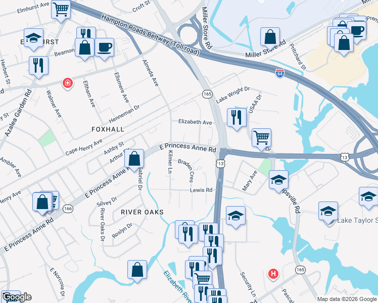 map of restaurants, bars, coffee shops, grocery stores, and more near 5535 East Princess Anne Road in Norfolk