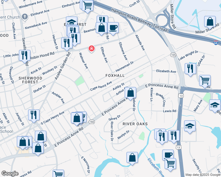 map of restaurants, bars, coffee shops, grocery stores, and more near 5308 Ashby Street in Norfolk
