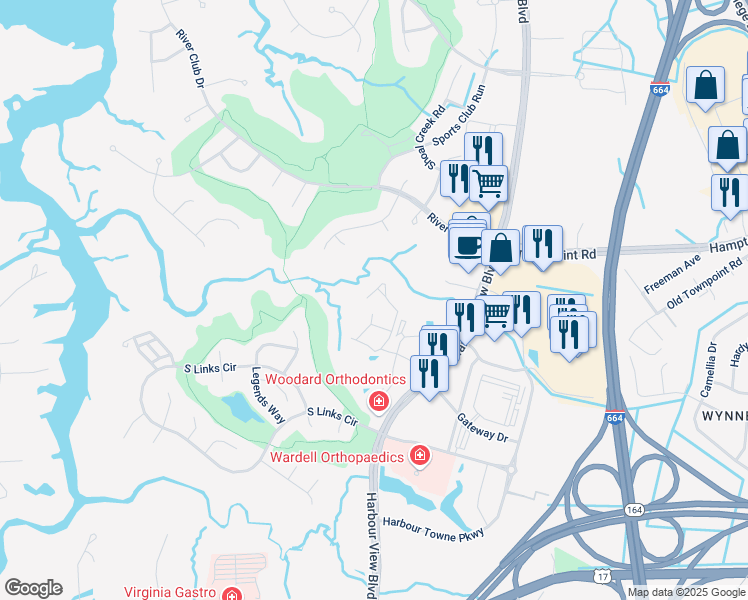 map of restaurants, bars, coffee shops, grocery stores, and more near 2043 Nicklaus Drive in Suffolk