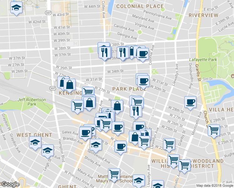 map of restaurants, bars, coffee shops, grocery stores, and more near 636 West 27th Street in Norfolk