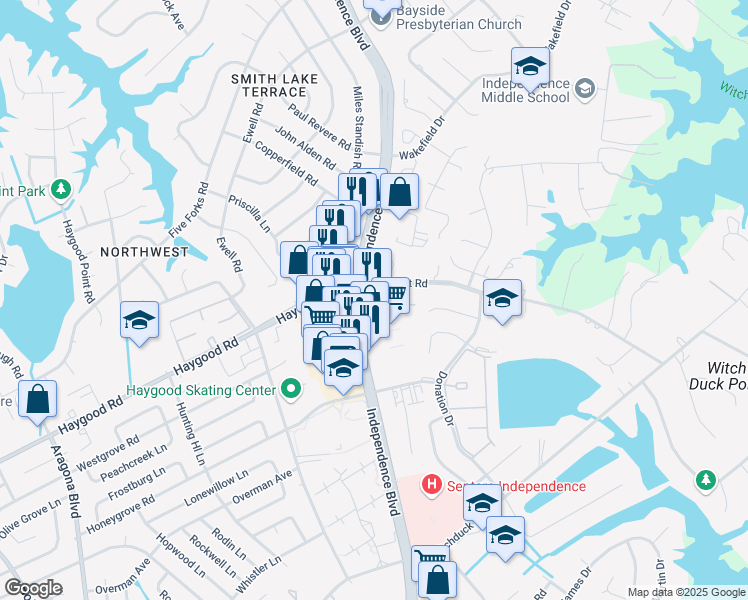 map of restaurants, bars, coffee shops, grocery stores, and more near 1066 Independence Blvd in Virginia Beach
