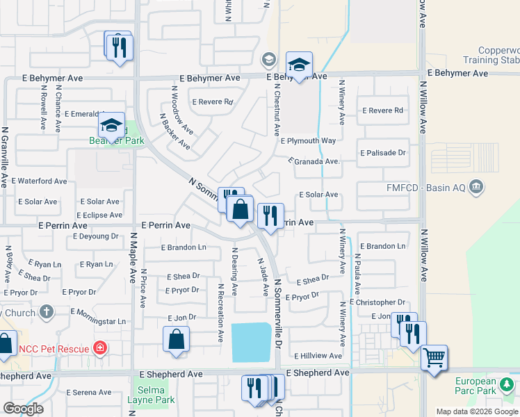map of restaurants, bars, coffee shops, grocery stores, and more near 9523 North Larkspur Avenue in Fresno