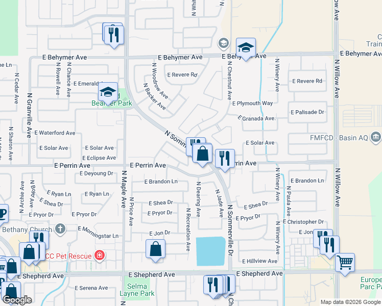 map of restaurants, bars, coffee shops, grocery stores, and more near 9542 North Recreation Avenue in Fresno