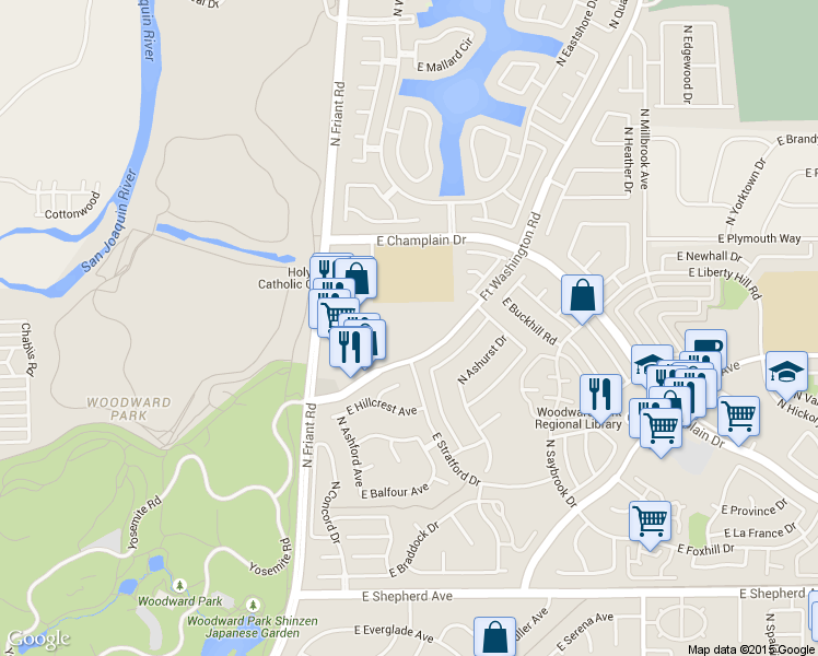 map of restaurants, bars, coffee shops, grocery stores, and more near 9497 North Fort Washington Road in Fresno