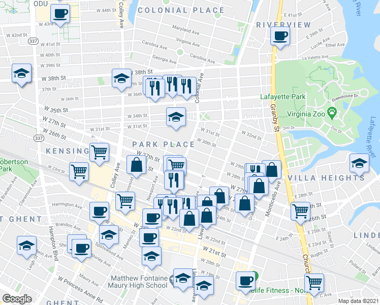 map of restaurants, bars, coffee shops, grocery stores, and more near 423 West 29th Street in Norfolk