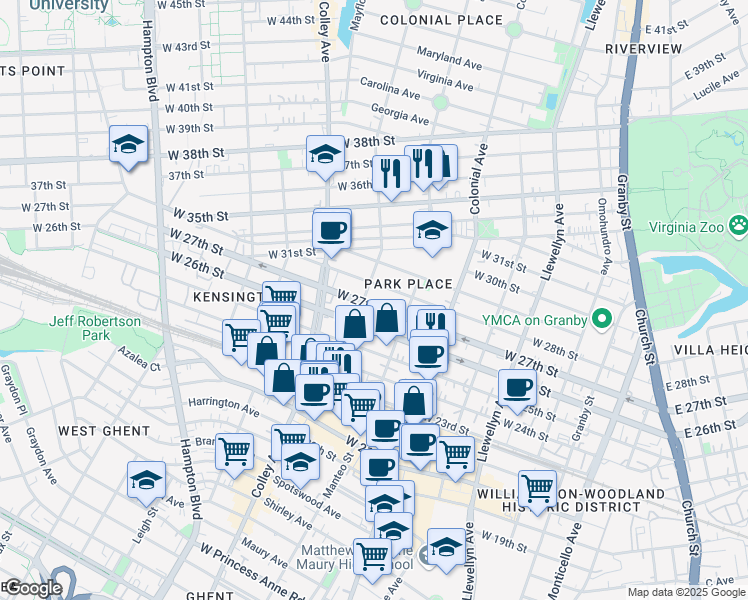 map of restaurants, bars, coffee shops, grocery stores, and more near 634 West 27th Street in Norfolk