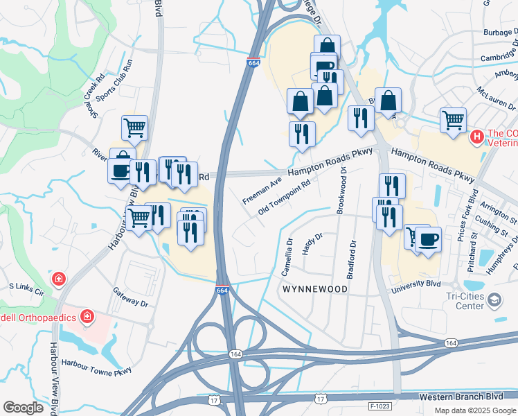 map of restaurants, bars, coffee shops, grocery stores, and more near 6220 Old Townpoint Road in Suffolk