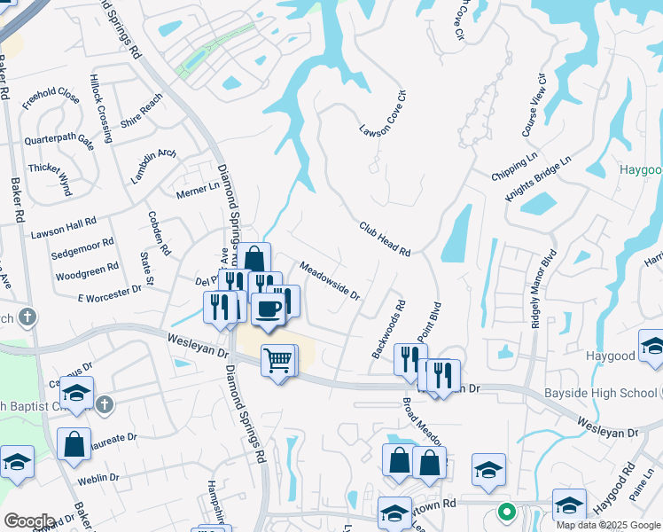 map of restaurants, bars, coffee shops, grocery stores, and more near 5317 Weblin Farm Road in Virginia Beach