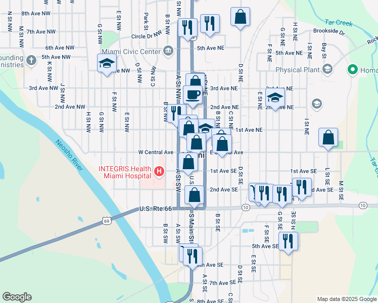 map of restaurants, bars, coffee shops, grocery stores, and more near 1 North Main Street in Miami