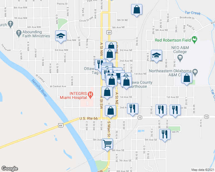 map of restaurants, bars, coffee shops, grocery stores, and more near 1 North Main Street in Miami