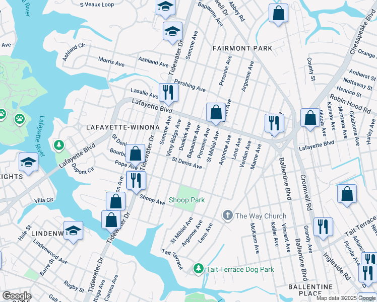 map of restaurants, bars, coffee shops, grocery stores, and more near 3021 Bapaume Avenue in Norfolk