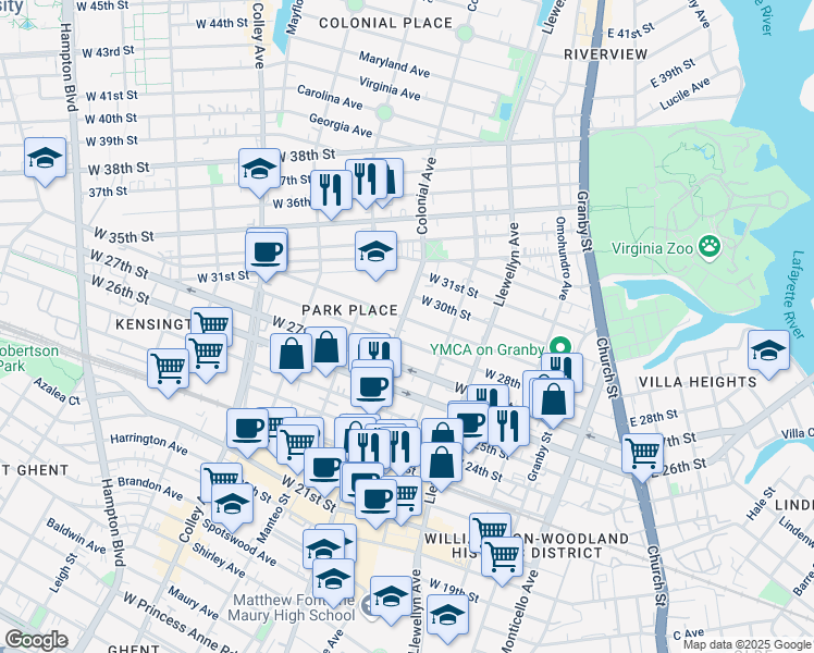 map of restaurants, bars, coffee shops, grocery stores, and more near 2810 Colonial Avenue in Norfolk