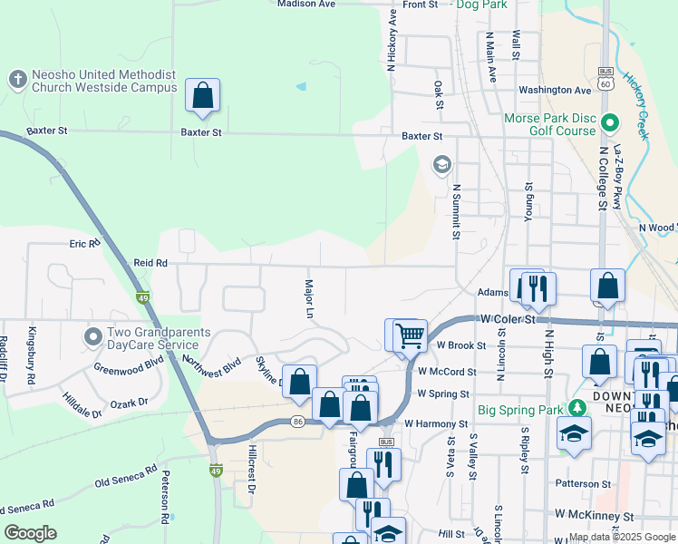 map of restaurants, bars, coffee shops, grocery stores, and more near Breckenridge St in Neosho