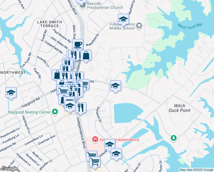 map of restaurants, bars, coffee shops, grocery stores, and more near 133 Donation Drive in Virginia Beach