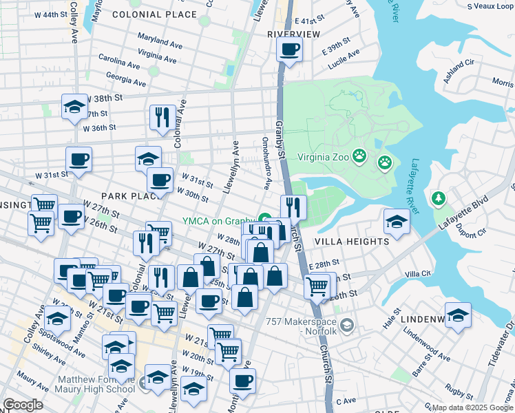 map of restaurants, bars, coffee shops, grocery stores, and more near 201 West 31st Street in Norfolk