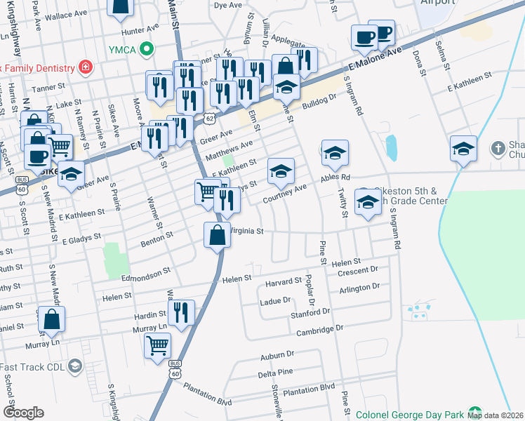 map of restaurants, bars, coffee shops, grocery stores, and more near 606 Maple Street in Sikeston