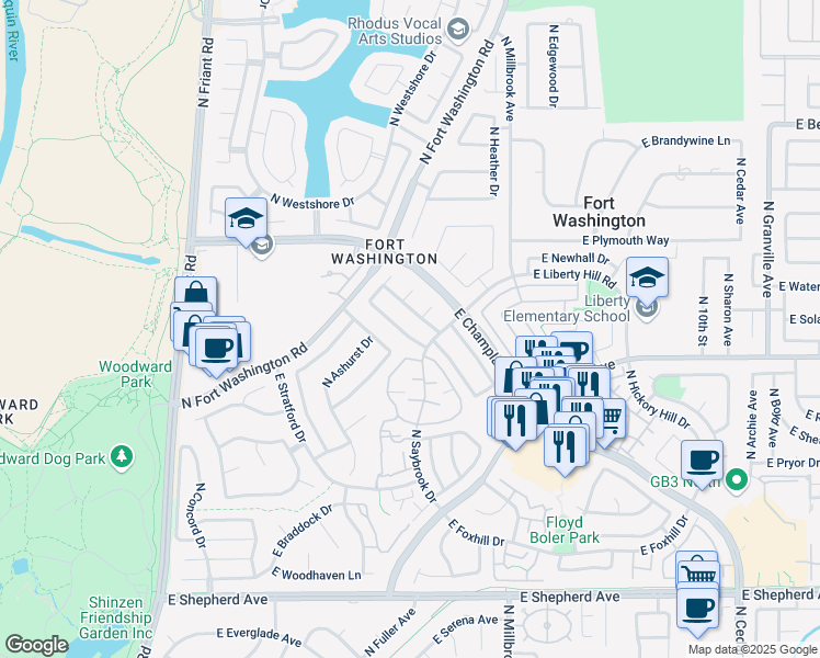map of restaurants, bars, coffee shops, grocery stores, and more near 896 East Buckhill Road in Fresno