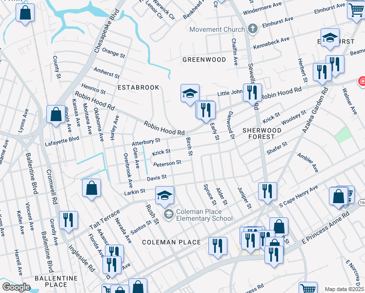 map of restaurants, bars, coffee shops, grocery stores, and more near 3924 Krick Street in Norfolk