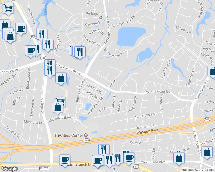 map of restaurants, bars, coffee shops, grocery stores, and more near 6740 Hampton Roads Parkway in Suffolk