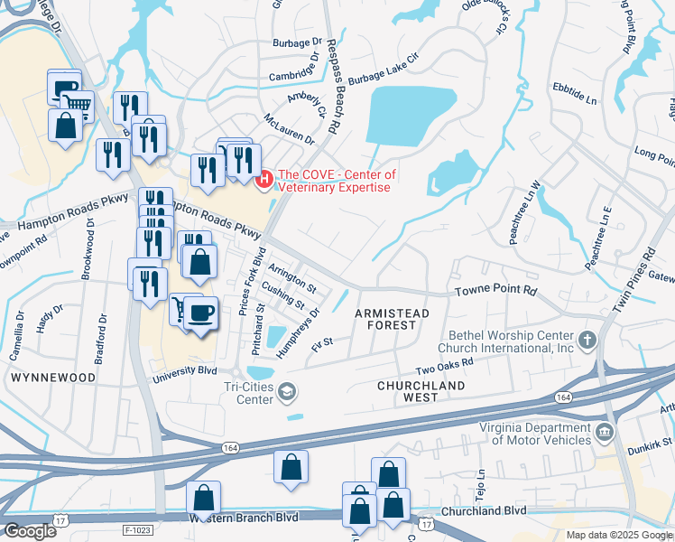 map of restaurants, bars, coffee shops, grocery stores, and more near 6740 Hampton Roads Parkway in Suffolk